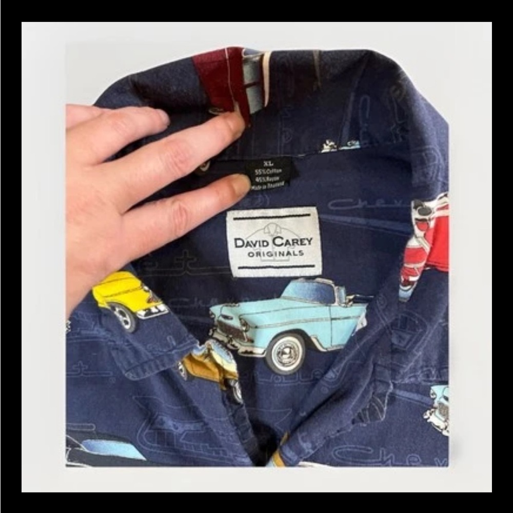 David Carey Vintage Car Print Hawaiian Shirt Navy Retro Button Up XL - Picture 3 of 9